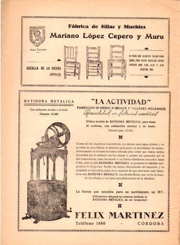 LAMINA V22578: Publicidad Mariano Lopez Cepero y Muru fabrica de sillas