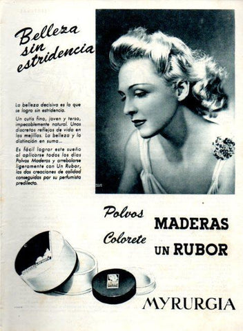 LAMINA V22526: Publicidad polvos maderas y colorete rubor de Myrurgia