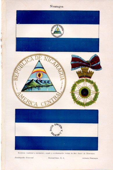 LAMINA V23774: Banderas, escudo y condecoracion de Nicaragua