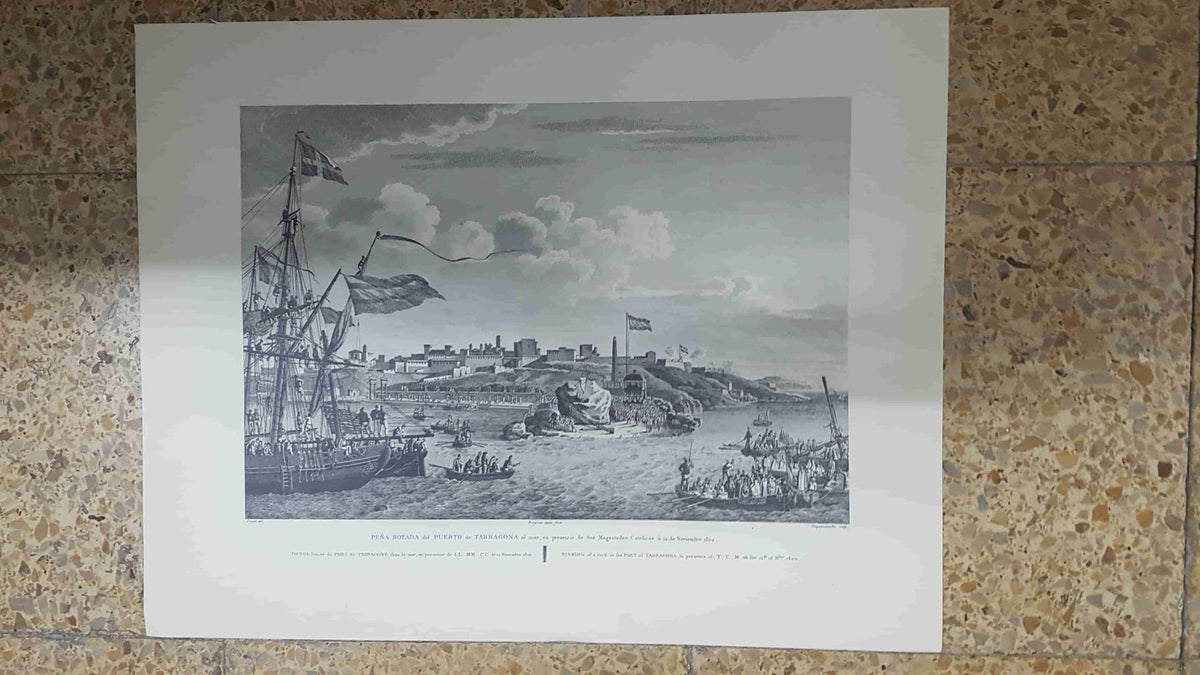 Lamina CATALOGNE, Numero 37: Peña Botada del Puerto de Tarragona al mar, en presencia de sus Magestades Catolicas a 12 de Noviembre 1802