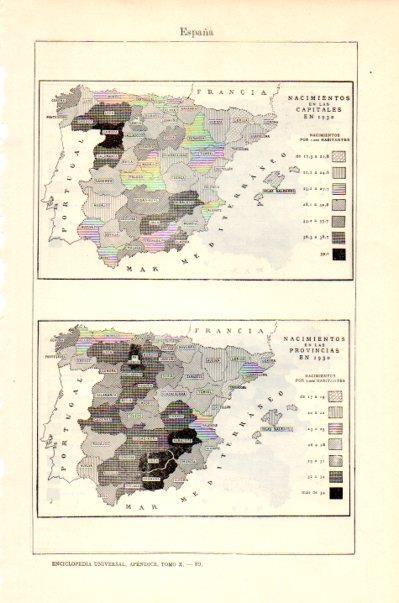 LAMINA V27635: Mapas de los nacimientos en las capitales y provincias en España en 1930