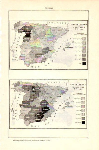 LAMINA V27635: Mapas de los nacimientos en las capitales y provincias en España en 1930