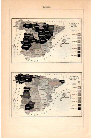 LAMINA V27631: Mapas de la produccion de ganado ovino y vacuno en España en 1929