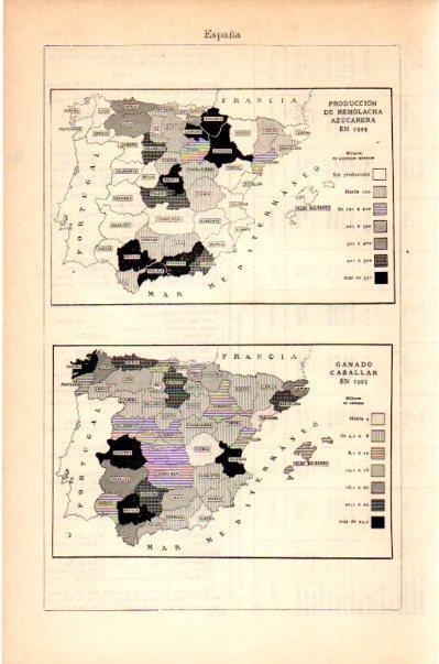 LAMINA V27630: Mapas de la produccion de remolacha azucarera y ganado caballar en España 1929