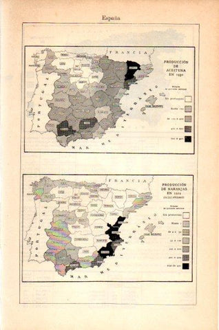LAMINA V27629: Mapas de la produccion de aceituna en 1930 y naranjas en 1929 en España