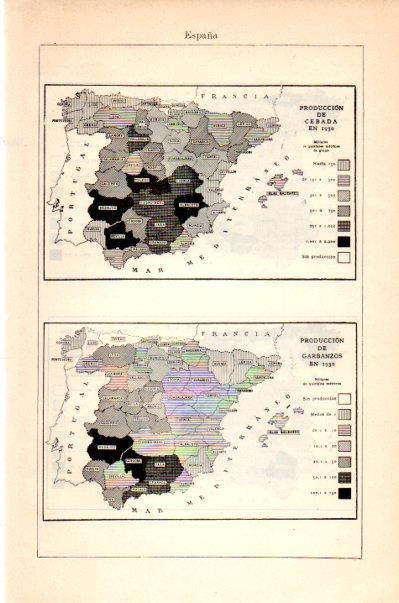 LAMINA V27628: Mapas de la produccion de cebada y garbanzos en España 1930