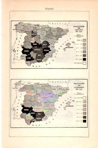 LAMINA V27628: Mapas de la produccion de cebada y garbanzos en España 1930