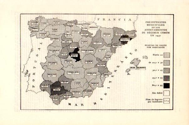 LAMINA V27659: Mapa presupuestos municipales en Ayuntamientos de regimen comun en España 1930