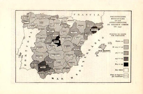 LAMINA V27659: Mapa presupuestos municipales en Ayuntamientos de regimen comun en España 1930