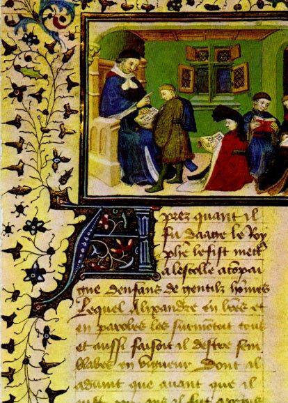 LAMINA V28308: Aristoteles da lecciones a Alejandro miniatura francesa
