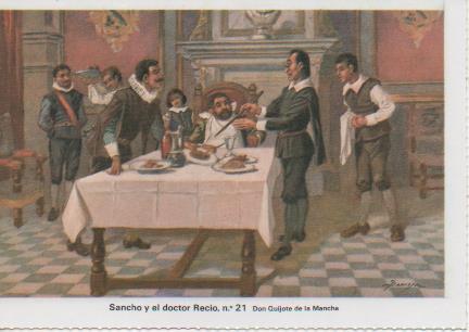 Postal E07495:  Las Mas Bellas Tarjetas Postales Siglo XIX y XX. Don Quijote de la Mancha, nº 21 Sancho y el doctor Recio