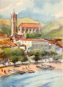 POSTAL PV02460: Iglesia Parroquial y playa de Portbou por Ramon Reig