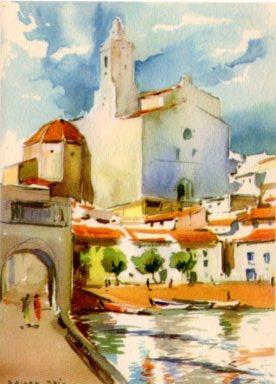 POSTAL PV02461: Iglesia Parroquial y Port d'Alguer ena Cadaques por Ramon Reig