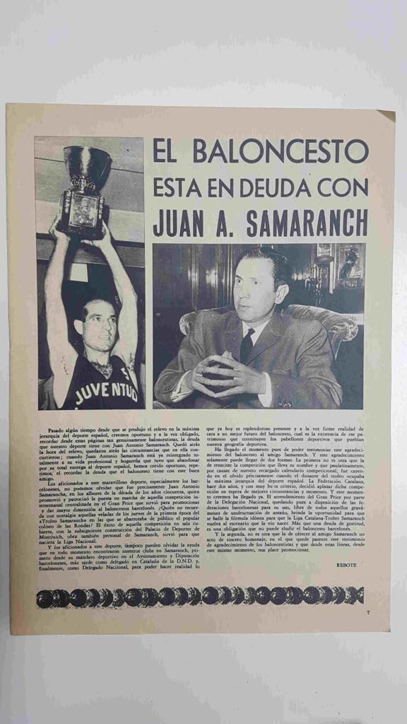 Página/LÁMINA con artículo de una cara sobre Juan A. Samaranch, en la parte atras publicidad del refresco KAS. Procede de la Revista Rebote, num 118 (dic 1970)