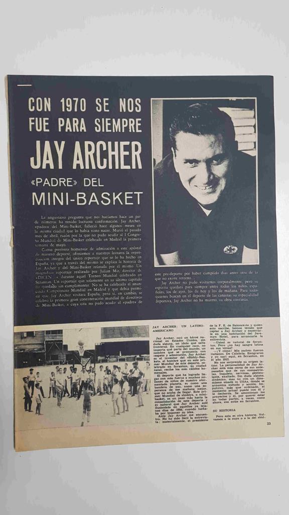 Artículo sobre la muerte de Jay Archer padre del Mini-Basket. Procede de la Revista Rebote, num 118 (dic 1970)