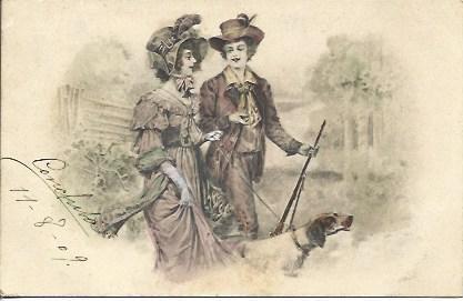 POSTAL A3322: Dibujo de hombre, mujer y perro