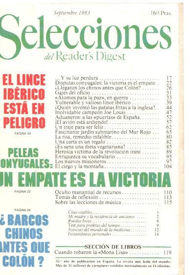 Selecciones del Reader s Digest. septiembre 1983: El lince Iberico esta en peligro-