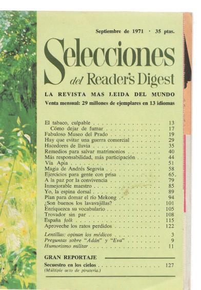 Selecciones del Reader s Digest septiembre 1971: El tabaco, culpable- Como dejar