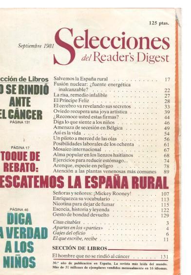 Selecciones del Reader s Digest septiembre 1981: No se rindio ante el Cancer- 