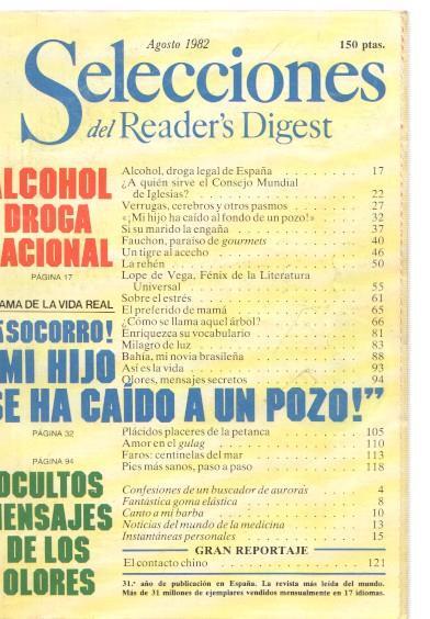 Selecciones del Reader s Digest agosto 1982: Alcoho, droga nacional- Socorro,-
