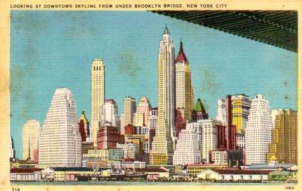 POSTAL PV03988: Downtown skyline from Brooklyn Bridge, New York