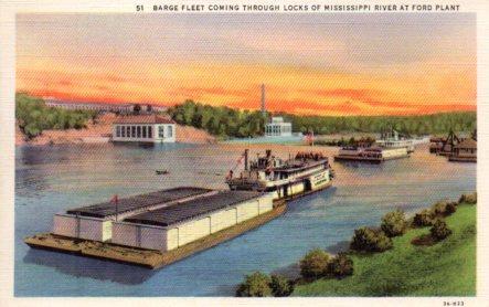 POSTAL PV04014: Barge fleet coming through locks of Mississippi river