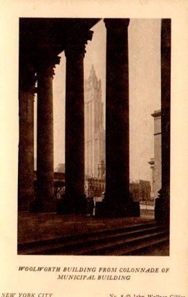 POSTAL PV03944: Woolworth Building from Colonnade of Municipal Building, New York