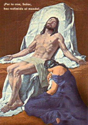 POSTAL PV05759: Pintura de Jesucristo con la frase Por tu cruz, Señor, has redimido al mundo