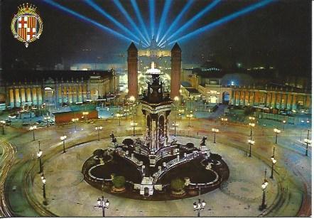POSTAL A3971: Vista nocturna de la Plaza España de Barcelona