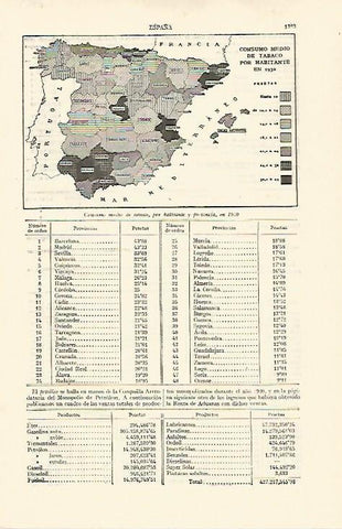 LAMINA ESPASA V27676: Mapa de España de consumo medio de tabaco en 1930