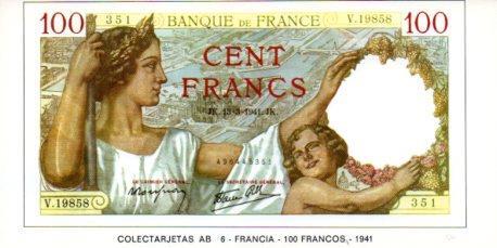 POSTAL PV07357: Colectarjetas AB 6 - Francia 100 francos 1941