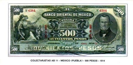 POSTAL PV07362: Colectarjetas AB 11 - Mexico (Puebla) 500 pesos 1914