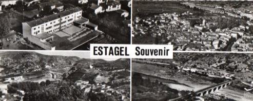 POSTAL PV07386: Estagel. Le Groupe Scolaire, vue generale et le Pont Neuf
