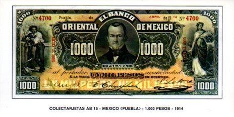 POSTAL PV07366: Colectarjetas AB 15 - Mexico (Puebla) 1000 pesos 1914