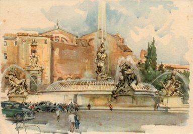 POSTAL PV07622: Piazza della Repubblica e Fontana delle Najudi, Roma. Acquarello di Aldo Raimondi
