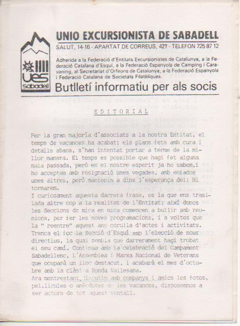 Varios E00526: Unió Excursionista de Sabadell Bulletí Informatiu per als Soci 1986