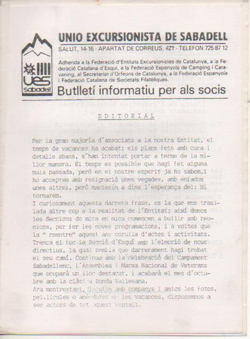 Varios E00526: Unió Excursionista de Sabadell Bulletí Informatiu per als Soci 1986