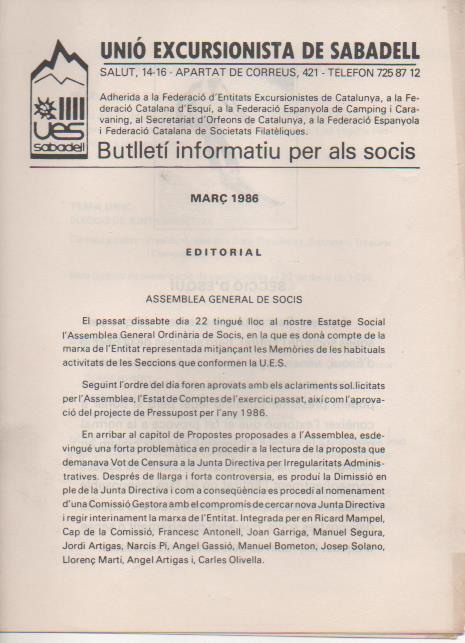 Varios E00527: Unió Excursionista de Sabadell. Bulletí Informatiu per als Scis, Març 1986