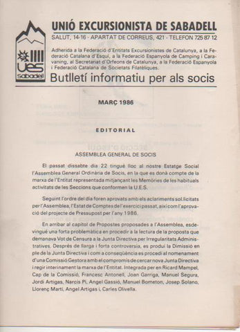 Varios E00527: Unió Excursionista de Sabadell. Bulletí Informatiu per als Scis, Març 1986