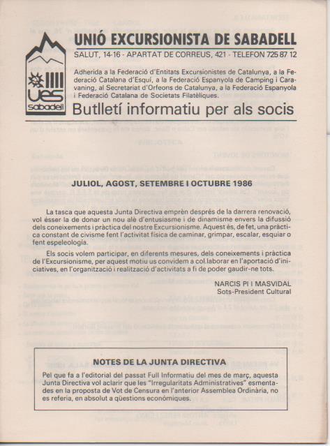 Varios E00528: Unió Excursionista de Sabadell. Bulletí Informatiu per als socis 1986