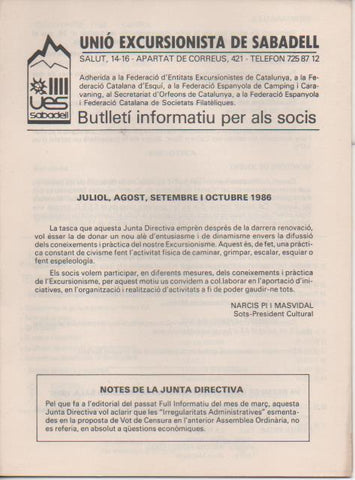 Varios E00528: Unió Excursionista de Sabadell. Bulletí Informatiu per als socis 1986