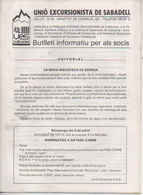 Varios E00521: Unió Excursionesta de Sabadell Bulletí Informatiu per als Socis 1987