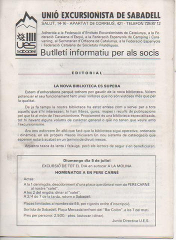 Varios E00521: Unió Excursionesta de Sabadell Bulletí Informatiu per als Socis 1987