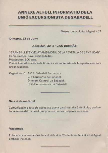 Varios E00525: Unió Excursionista de Sabadell Juny, Juliol i Agos-87