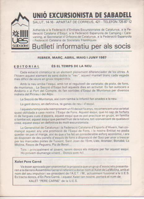 Varios E00533: Unió Excursionista de Sabadell. Butlletí Informatiu per als Socis. 1987