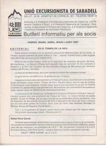 Varios E00533: Unió Excursionista de Sabadell. Butlletí Informatiu per als Socis. 1987