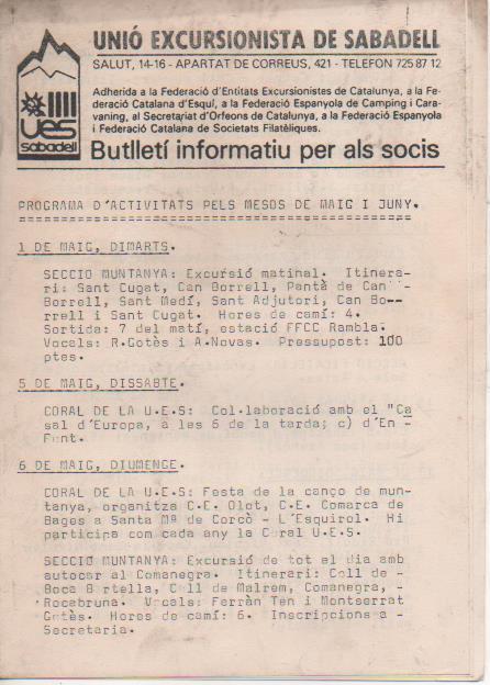 Varios E00529: Unió Excursionista de Sabadell. Butellí Informatiu per als Socis, Programa d'activitats