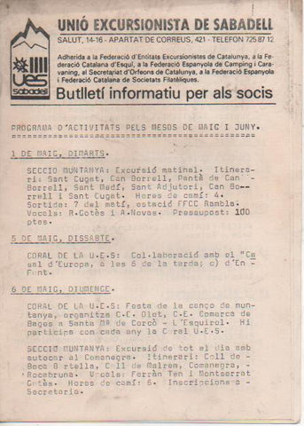 Varios E00529: Unió Excursionista de Sabadell. Butellí Informatiu per als Socis, Programa d'activitats