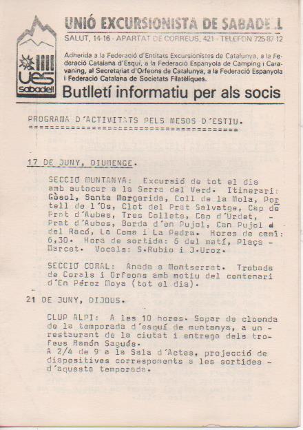 Varios E00534: Unió Excursionista de Sabadell. Butlletí Informatiu per als Socis.