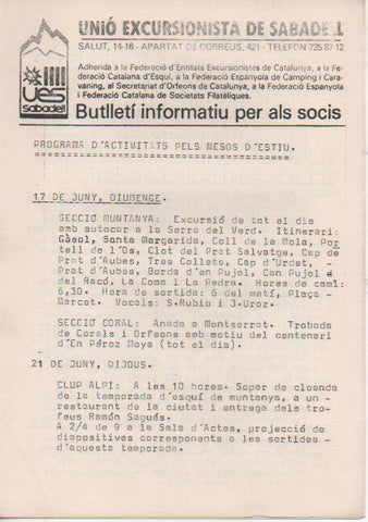 Varios E00534: Unió Excursionista de Sabadell. Butlletí Informatiu per als Socis.